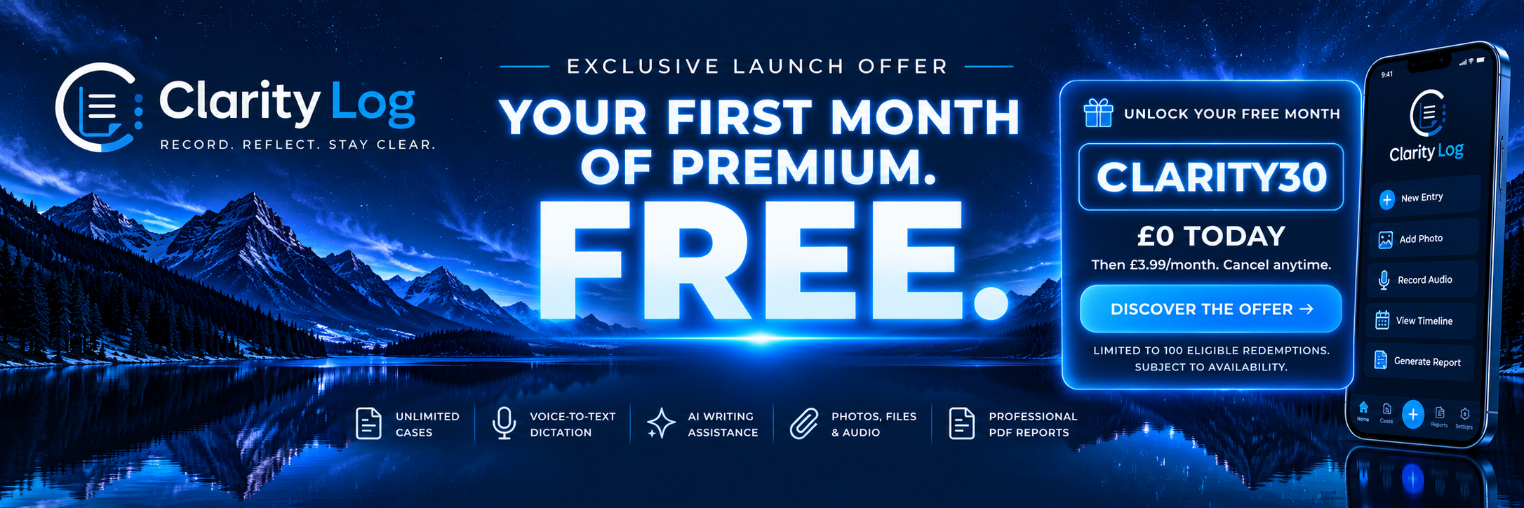 Clarity Log exclusive launch offer — your first month of Premium free with code CLARITY30. £0 today, then £3.99/month. Cancel anytime. Limited to 100 eligible redemptions.