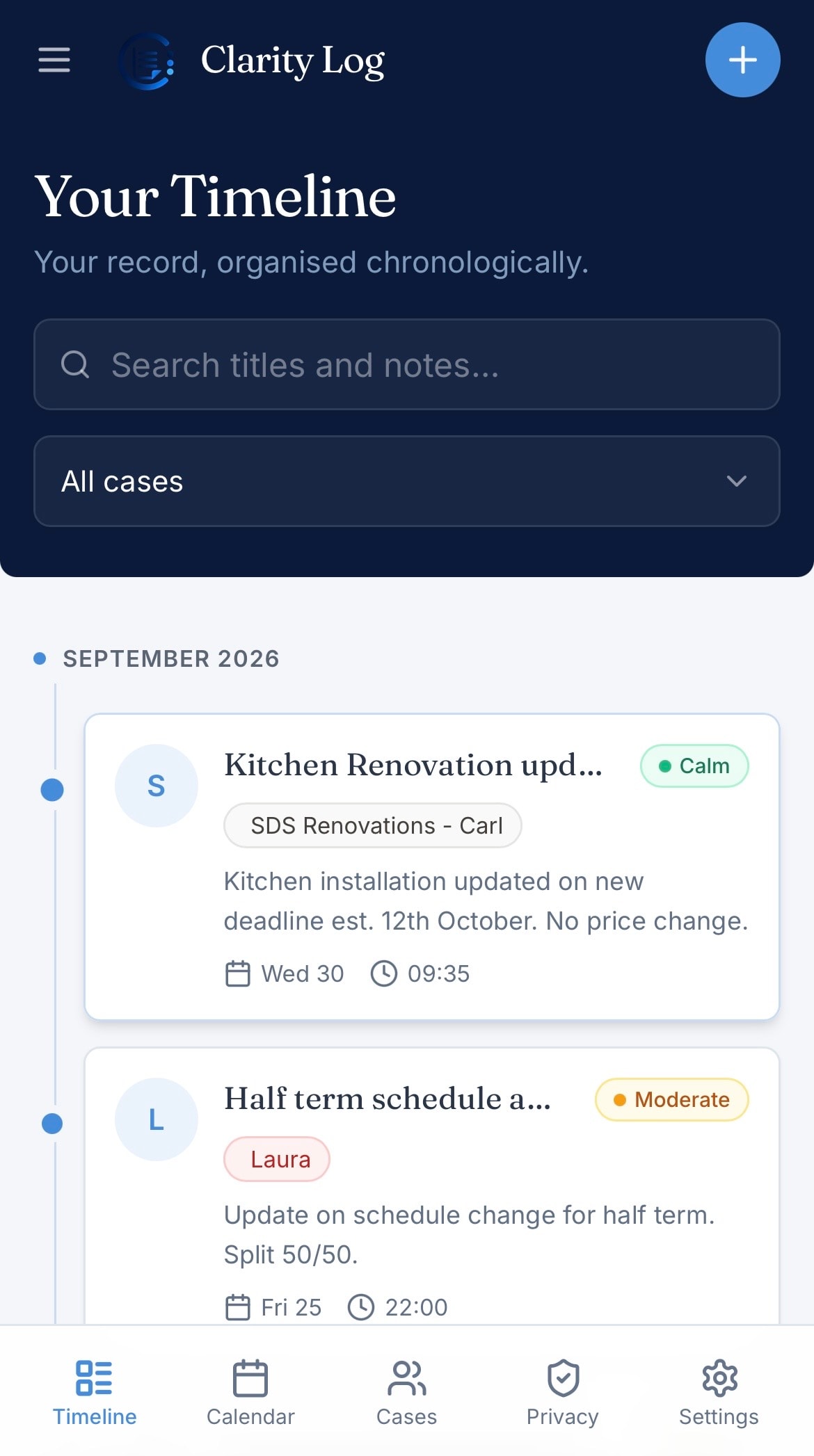Clarity Log app — Timeline view showing organised case entries