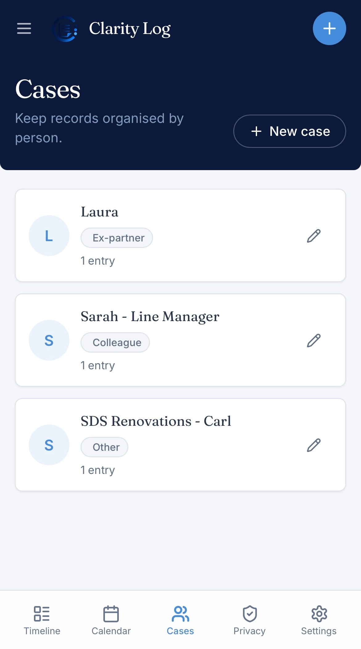 Clarity Log Cases screen — organised records by person