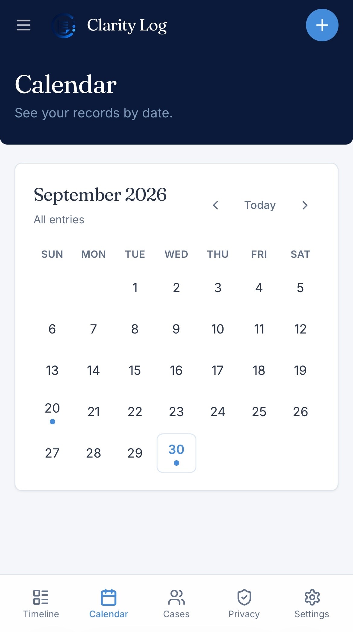 Clarity Log Calendar screen — entries shown by date