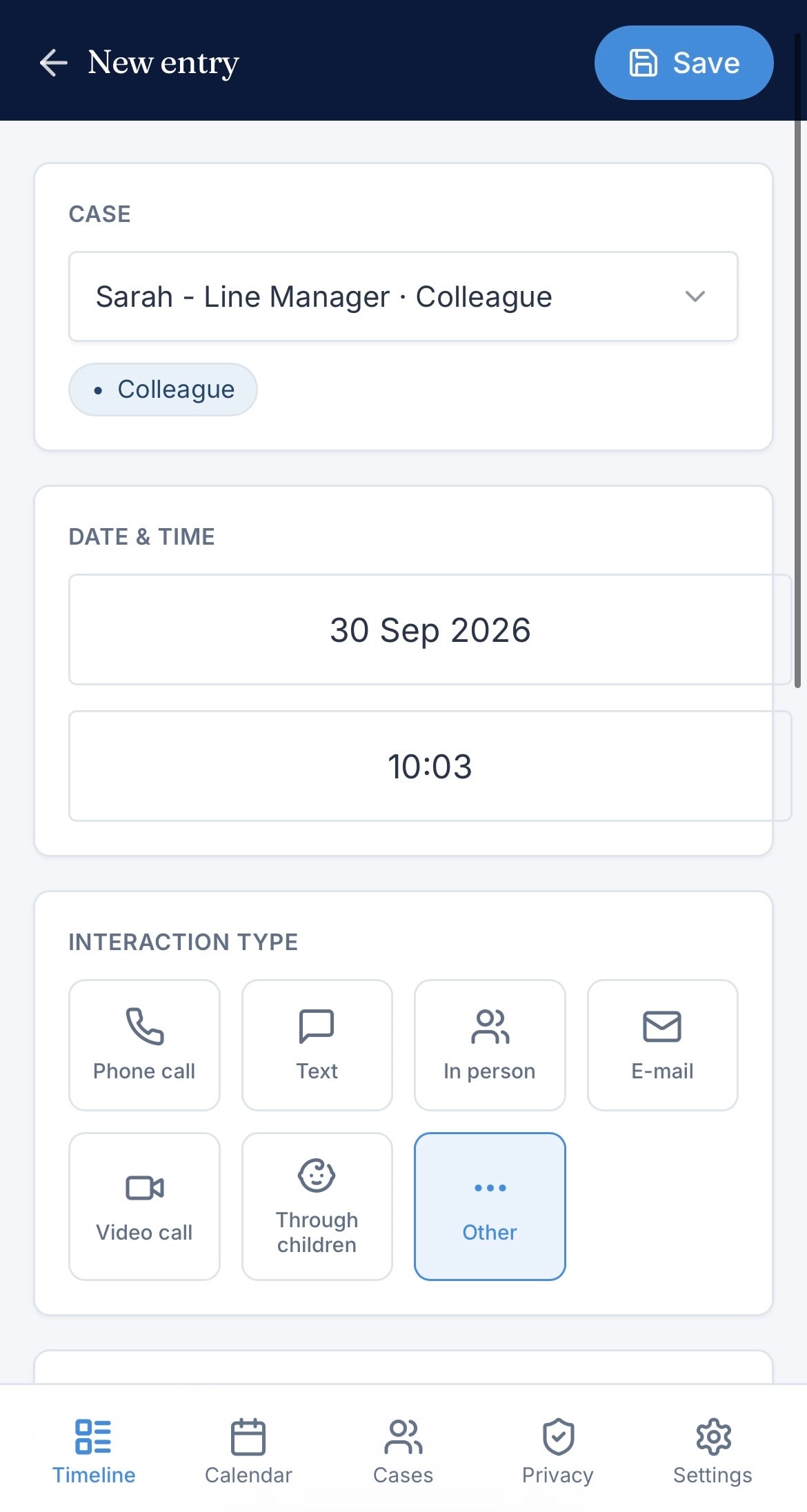 Clarity Log New Entry form — record interaction type, date, and notes