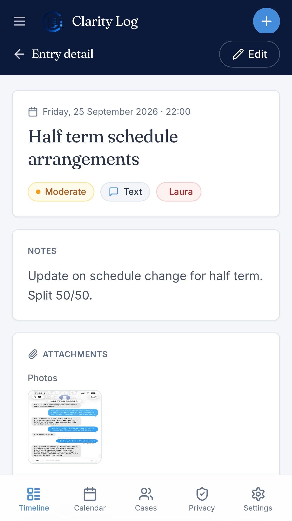 Clarity Log entry detail showing notes and photo attachment