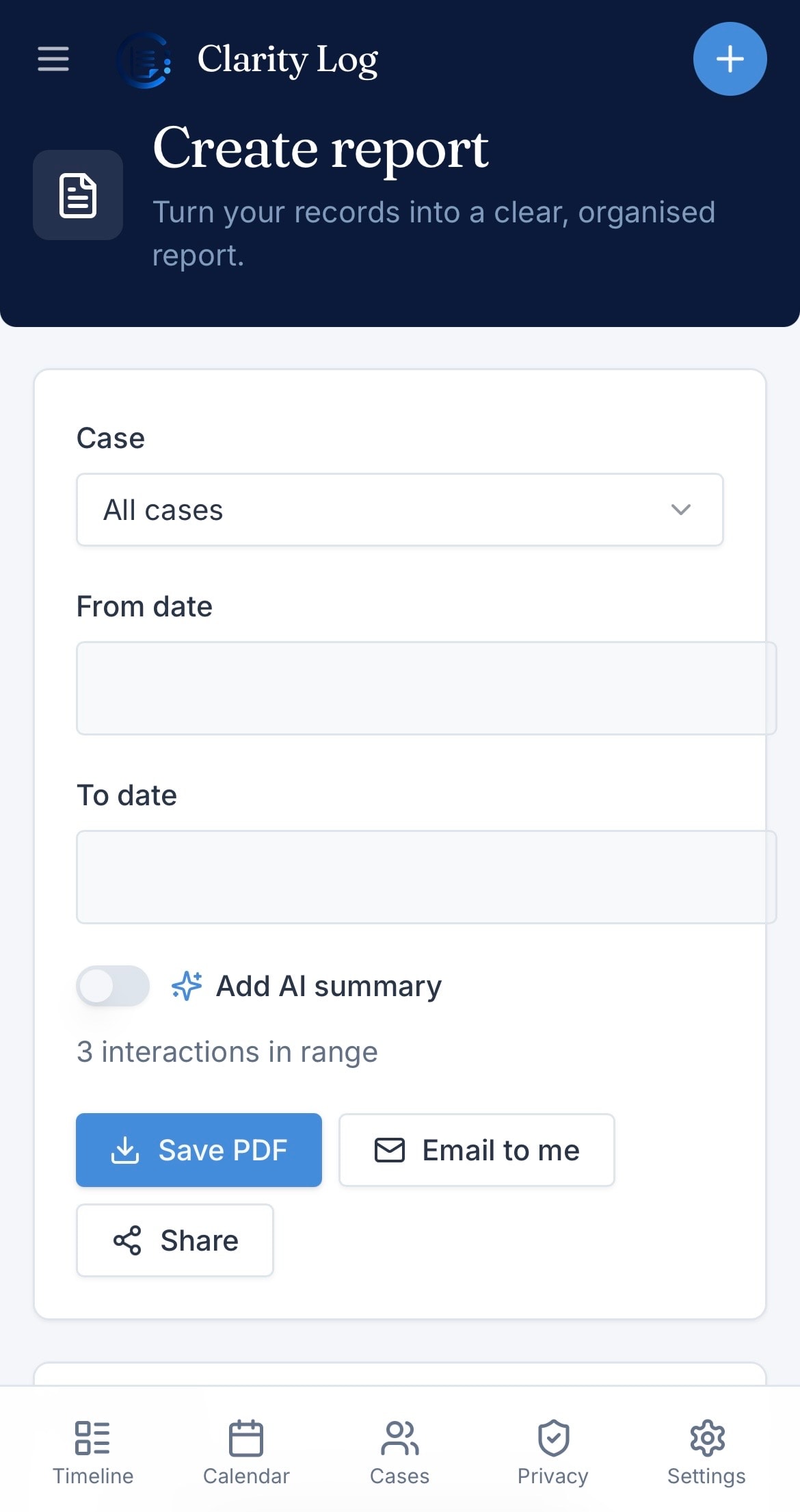 Clarity Log Create Report screen — select date range and export as PDF