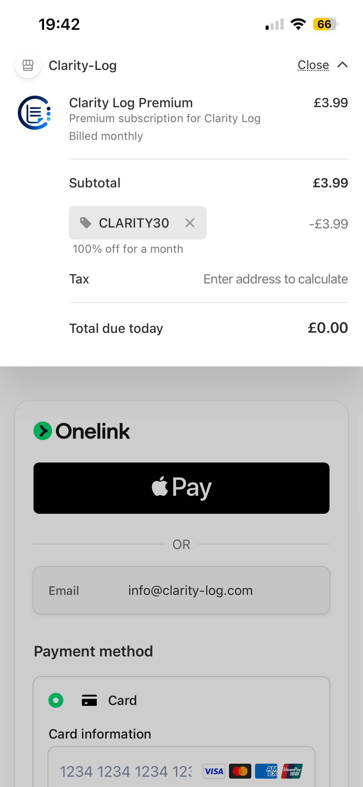 Stripe checkout showing CLARITY30 promotional code applied with £3.99 discount and £0.00 total due today