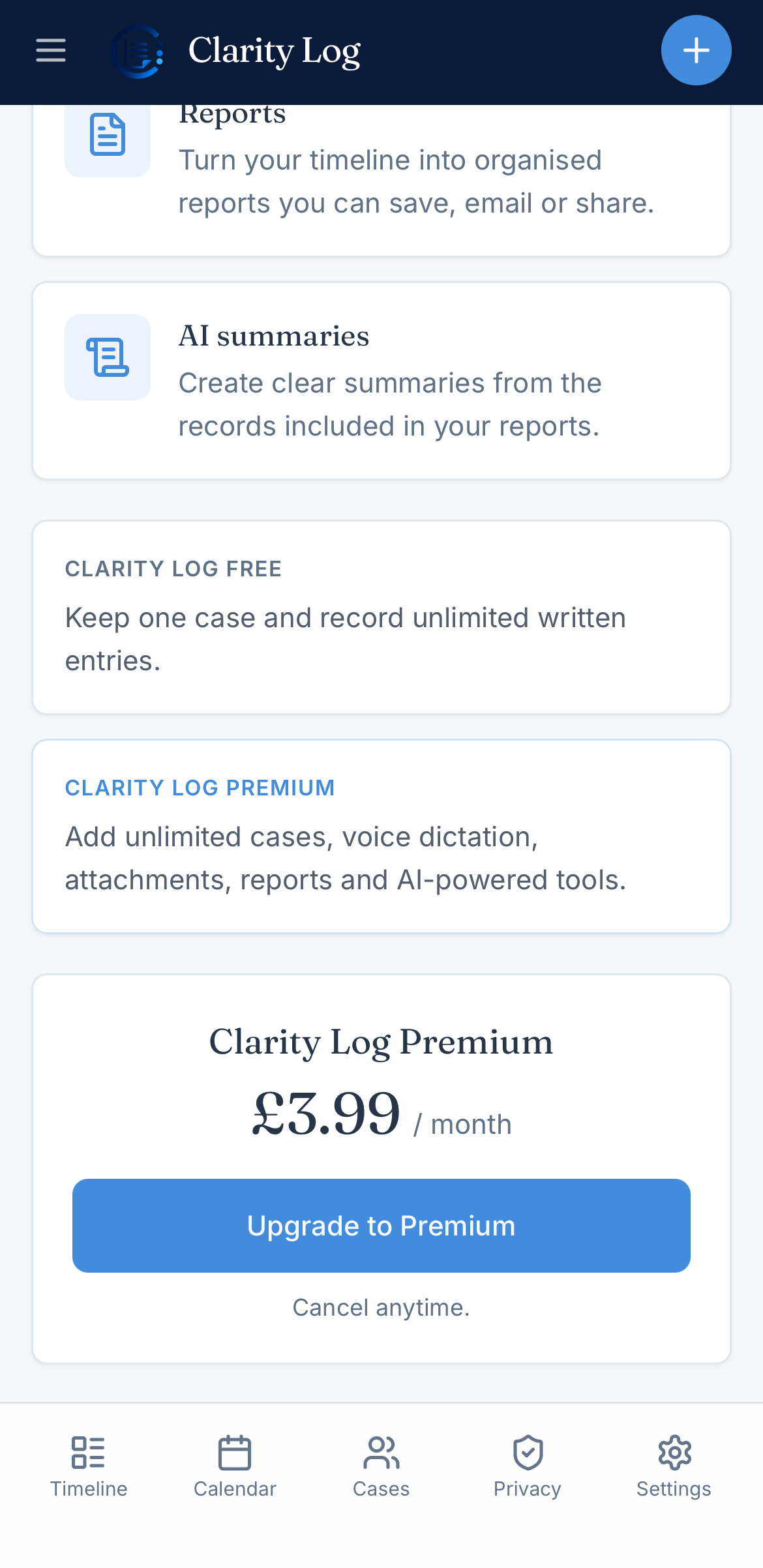 Clarity Log app showing the Premium upgrade screen with Upgrade to Premium button and £3.99/month pricing