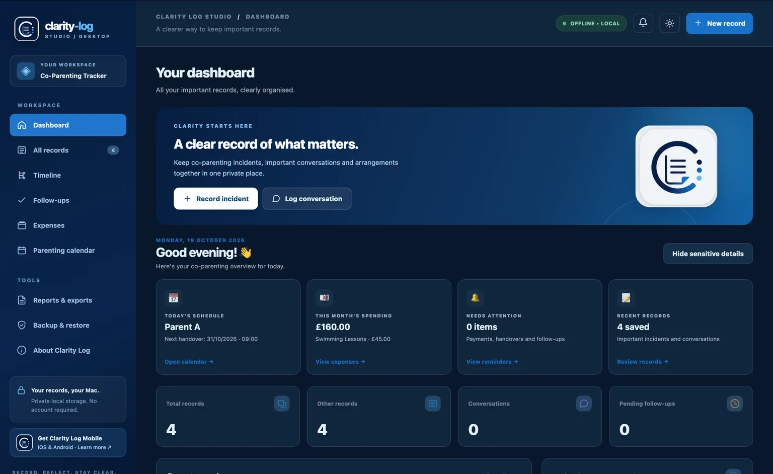 Clarity Log Studio desktop application — co-parenting dashboard
